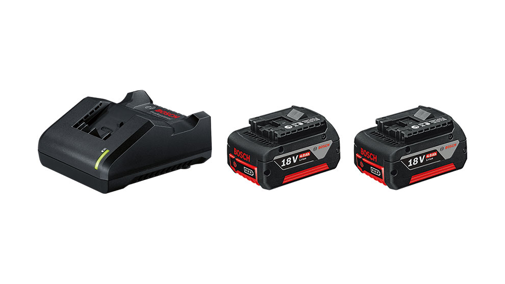 100% COMPATIBLE SYSTEM¹ Two Bosch Professional 18V batteries and a charger on a light background.