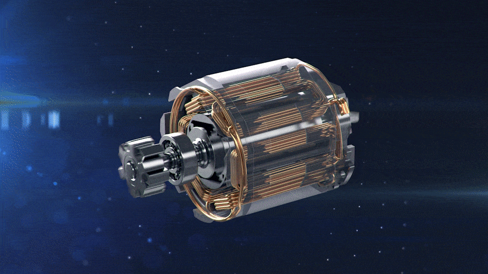 STRONG POWER FROM COMPACT BRUSHLESS MOTOR A transparent motor with copper wires on a dark background.