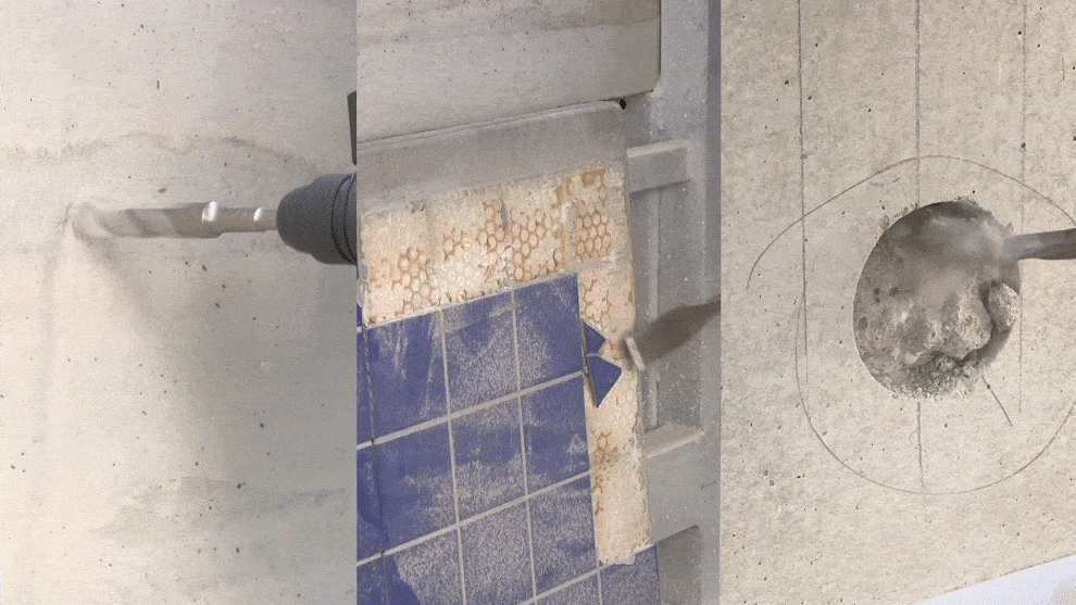 DESIGNED TO BE THE BEST PARTNER Bosch Professional drill breaks through concrete and tiles, dust flies.