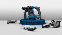 A blue Bosch Professional battery nailer is standing on a round table.