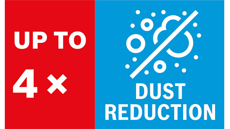 Red and blue logo with text and symbol for dust reduction.