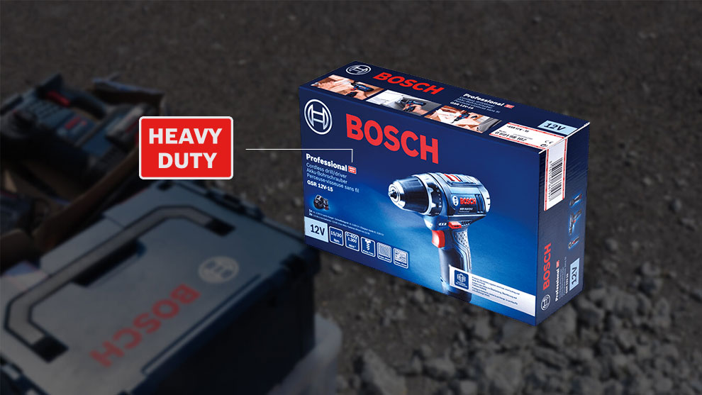 Bosch Professional cordless screwdriver packaging lies on a dark background.