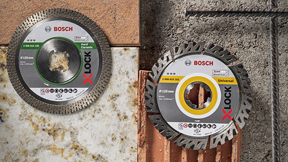 Two Bosch X-Lock diamond blades on different materials.