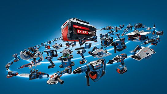 Various Bosch Professional tools grouped around a black battery.