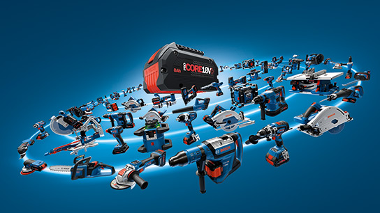 Benefits of 18V System Various Bosch Professional tools and batteries on a blue background.