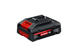 A black Bosch Expert 18V battery with a red handle on a white background.