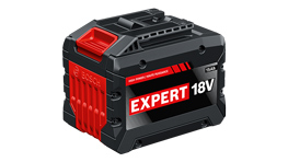 Black Bosch Expert 18V battery with red accents.
