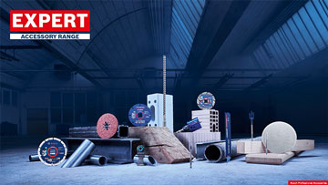 Various Bosch Expert accessories on a dark background.