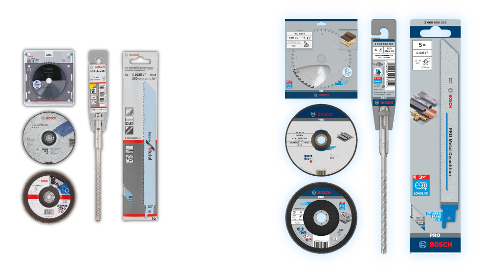 Better guidance Bosch Professional Tools: Saw blades, grinding discs, and drills arranged.