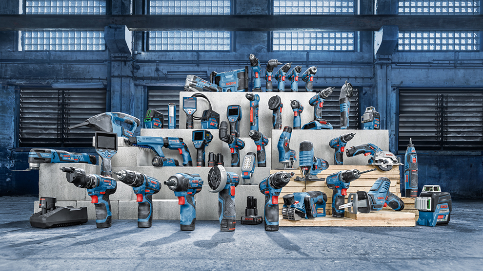 Range Professional 12V System  Various Bosch Professional tools on wooden pallets and concrete.