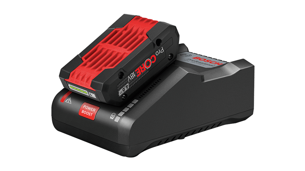 FASTEST CHARGING A Bosch Professional charger with a red battery on a black background.