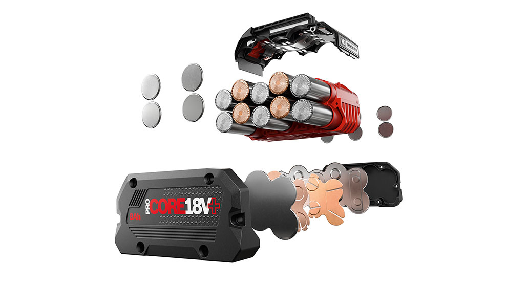 Explosion graphic A disassembled Bosch Professional battery with cells and metal parts.