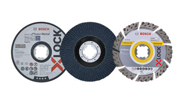 Three Bosch X-Lock grinding discs in different designs and colors.